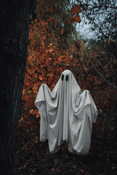 istock A spooky white ghost. The ghost is covered with a white ghostly sheet in the autumn gloomy forest. 1700782053
