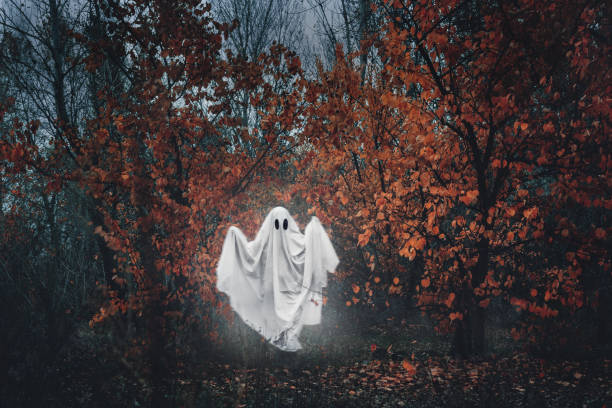 The ghost is covered with a white ghostly sheet in the autumn gloomy forest. \nA spooky white ghost appears from behind trees with red leaves