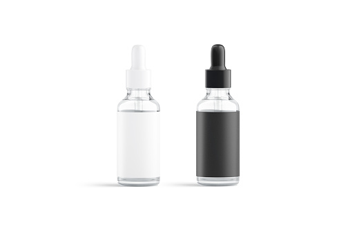 Blank glass dropper bottle with white and black label mockup, 3d rendering. Empty pipe or pump glassy package for moisturizing mock up, isolated, front view. Clear cosmetic facial container template.