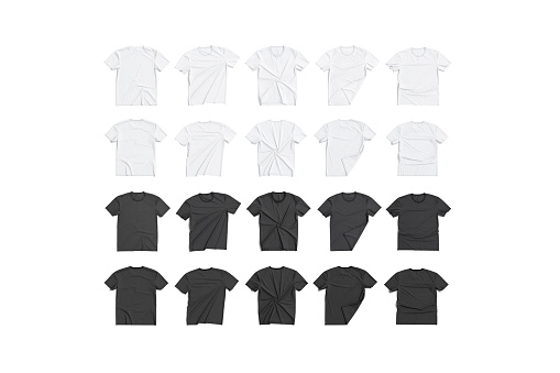 Blank black and white t-shirt mockup flat lay, different types, 3d rendering. Empty unisex casual tee-shirt twisted and folded mock up, isolated, top view. Clear textile basic clothe apparel template.