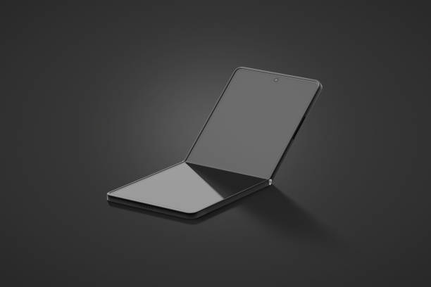 Blank black flexible clamshell phone display folded mockup, dark background