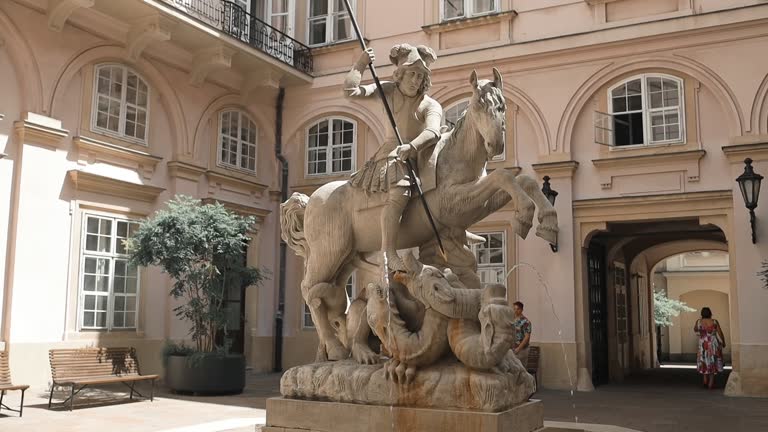 Statue of St George killing a dragon in Bratislava. Fountain of St. George and the Dragon