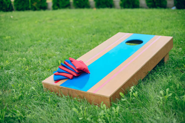 domowa gra planszowa z dziurą kukurydzianą na podwórku - cornhole leisure games outdoors color image zdjęcia i obrazy z banku zdjęć