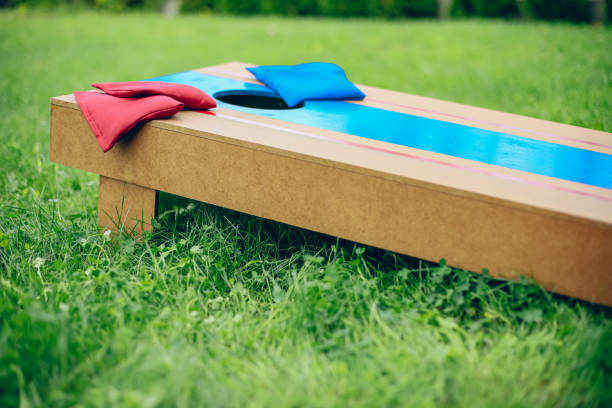 istock Closeup of corn hole bags game in backyard 1700813429