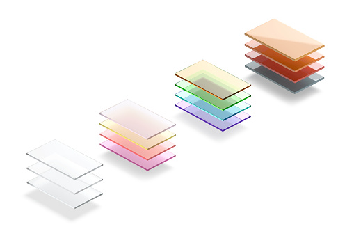 Blank matte and glossy colored transparent glass material layers mockup, 3d rendering. Empty multicolored plexiglass materials mock up, isolated. Clear abstract glazier layered tile template.