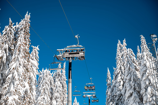 Empty ski lift in mountain Ski resort on Winter day