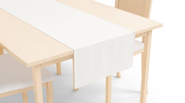 istock Blank wood table with white runner mockup, side crop view 1700830100