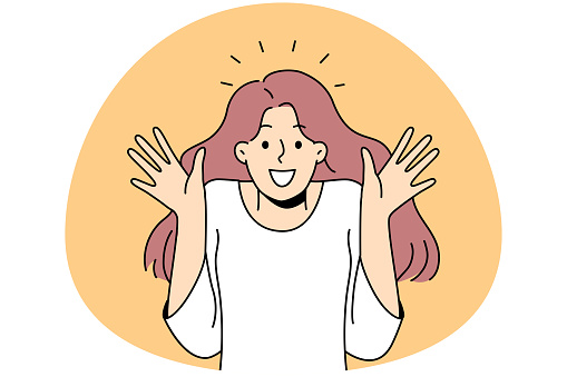 Overjoyed young woman feel astonished and surprised. Smiling girl feeling shocked and stunned with emotions. Vector illustration.
