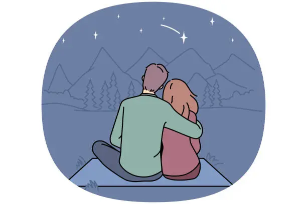 Vector illustration of Happy couple hugging in mountains together