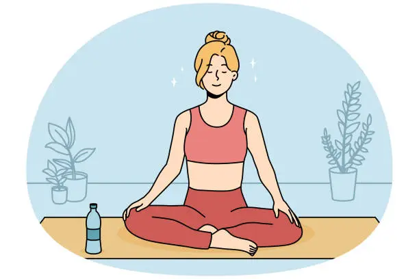 Vector illustration of Calm woman practicing yoga at home