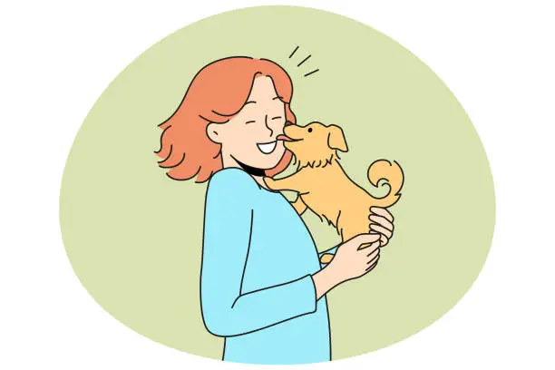 Vector illustration of Funny puppy lick woman owner