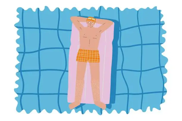 Vector illustration of The concept of a man swimming in a pool on a mattress. Vector illustration in flat style