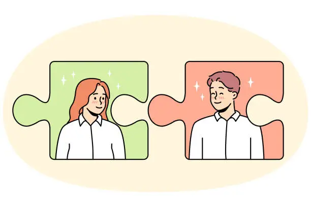 Vector illustration of Puzzles with man and woman connecting