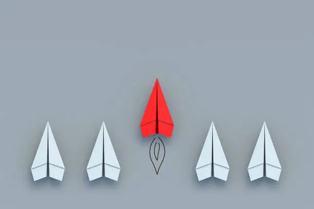 Staying ahead of your competitors. Accelerated development of the company. Innovation vision. Customized solution. Unique skills. Red paper plane and whites. 3d render