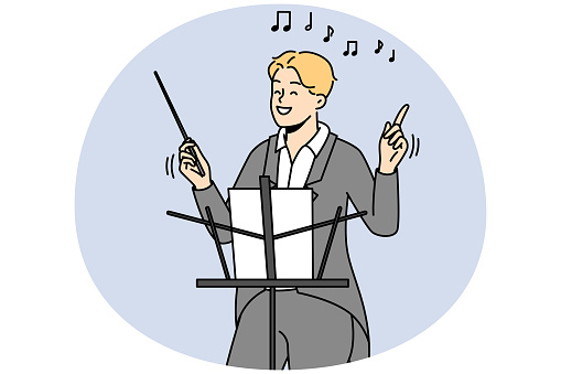 Smiling male conductor in formalwear hold baton working in concert hall. Happy man musician or artist with stick conduct performance. Vector illustration.