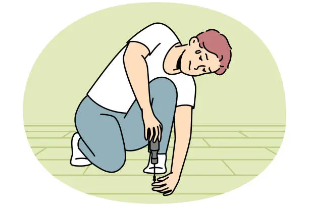 Vector illustration of Young man with screwdriver put parquet at home