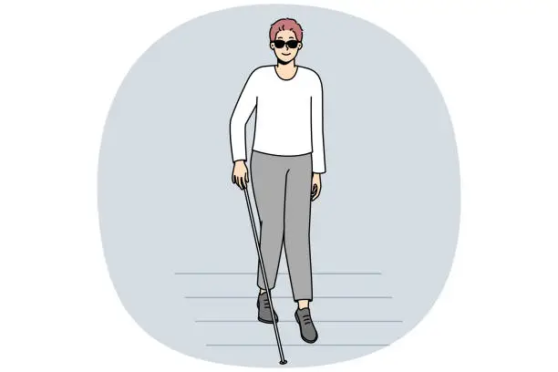 Vector illustration of Blind man with stick crossing road