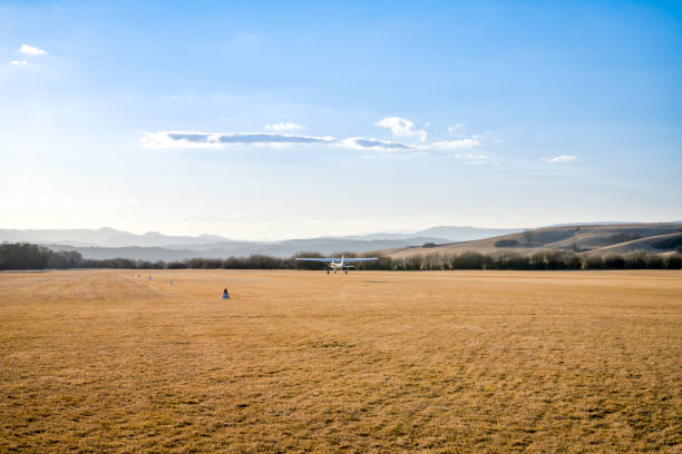 Ocova, Slovakia - February 27, 2022: Ocova, Slovakia - February 27, 2022: Airplane taking off from airport in Ocova, Slovakia during February 2022