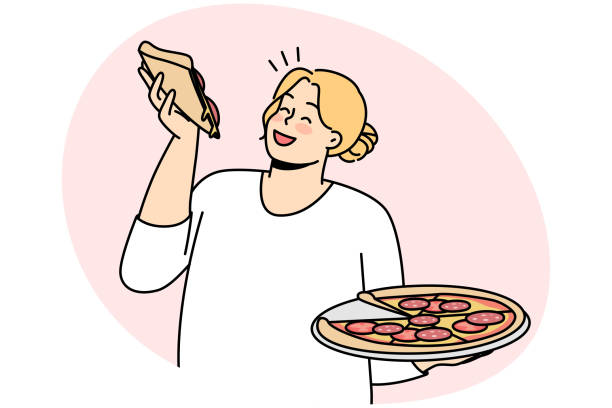 Smiling overweight woman with pizza Happy overweight woman with pizza in hands enjoy fast food. Smiling fat female eating Italian food. Body positive. Vector illustration. terrible meal stock illustrations