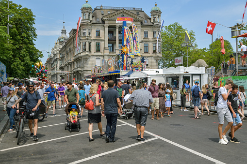 Zurich, Switzerland - July 6, 2019: Crowds enjoying Zurich festival close to Zurich lake in Zurich, Switzerland during July 2019