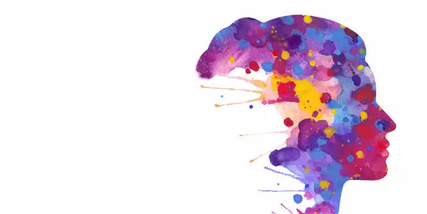 Vector illustration of Vector illustration of human head silhouette with abstract watercolor splashes