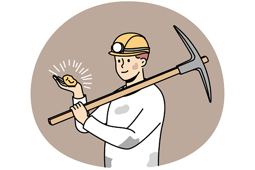 Dirty male miner in helmet holding jewel in hands. Man working in mine searching for precious stones. Occupation. Vector illustration.