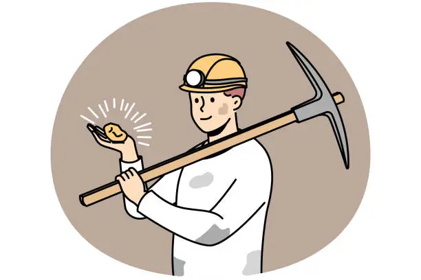 Vector illustration of Male miner in helmet with stone in hands