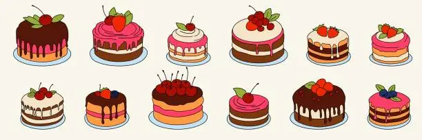 Vector illustration of Big collection of cakes colored outline.