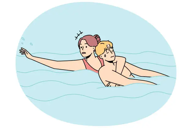 Vector illustration of Woman saving man drowning in water