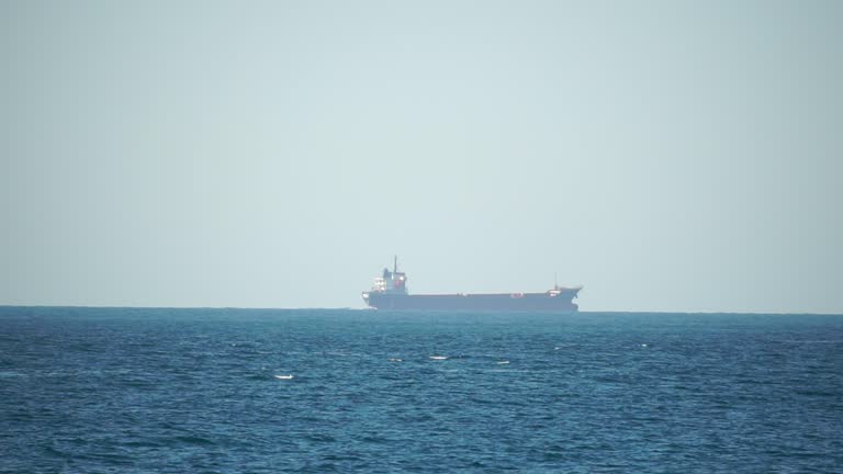 Cargo and dredging industrial ships sailing in to sea horizon. One large cargo ship grain carrier tanker in sea on sunny day. Transport, transportation, sea freight, sea transportation of cargo