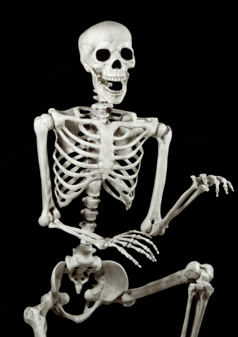 A human replica skeleton with arms raised on a black background. Focus selective on breast.