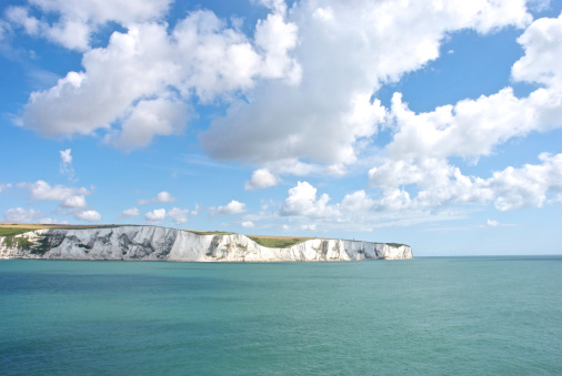 View of the famous white cliffs of Dover, Kent, England, UK, seen from the sea
