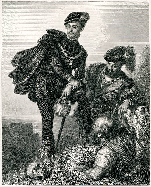Hamlet Engraving From 1876 Of Hamlet, Horatio, The Grave-Digger And The Skull Of Yorick. william shakespeare illustrations stock illustrations