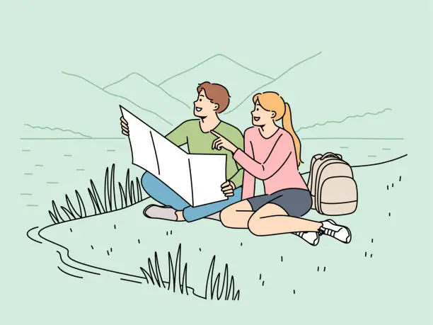 Vector illustration of Happy couple of travelers sitting on lawn during hike in national park with lake and holding map