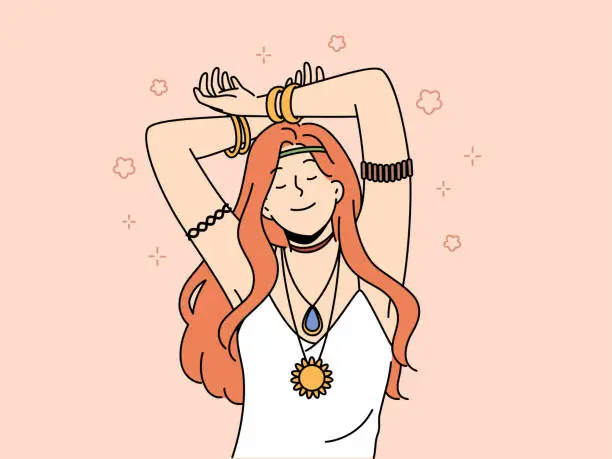 Vector illustration of Hippie woman with amulet and bracelets on hands closes eyes, slowly dances with hands up