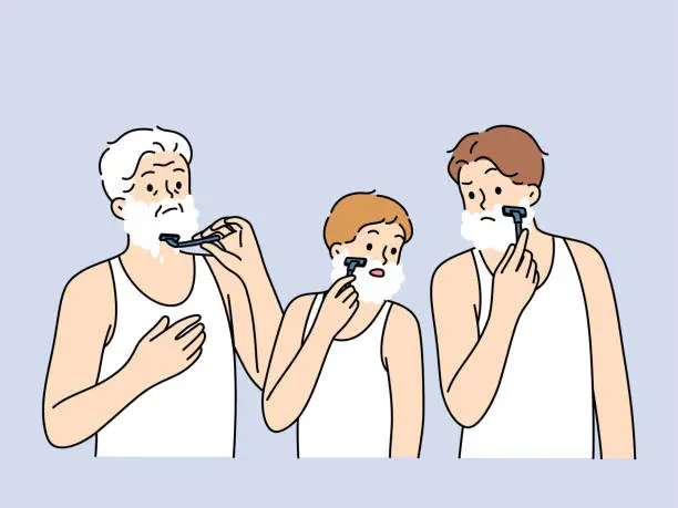 Vector illustration of Men different generations shave together, demonstrating continuity of father and son with grandson