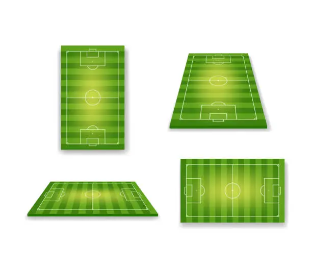 Vector illustration of Football realistic stadium. 3d soccer field. Green arena with perspective view. Isometric court for sport game. Grass on soccer playground with line, frame and corner. Vector.