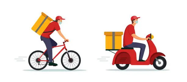 Vector illustration of Boy on bike or motorcycle deliver food or an order to address. Courier work. Cyclist ride with bag on bicycle and scooter. Fast, express delivery concept. vector illustration.