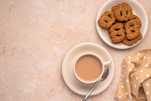 Blank food photography of tea with milk, coffee, cappuccino, shortbread, biscuit, wholemeal,  frollini, morning, breakfast