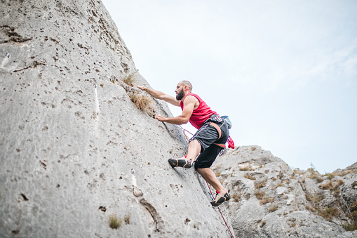 selective focus on artificial rock for rock climbing sports