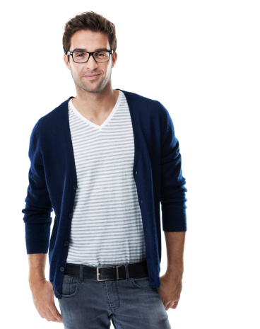 Portrait of a trendy hipster wearing black-rimmed glasses isolated on white background - Copyspace