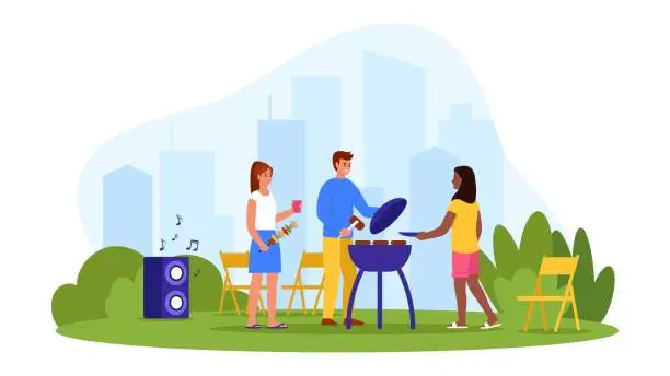 Vector illustration of Vector illustration of a picnic in nature outside the city. Cartoon scene with a boy and girls in nature grilling meat on a barbecue grill, chairs, a speaker with music, bushes, silhouettes of houses.