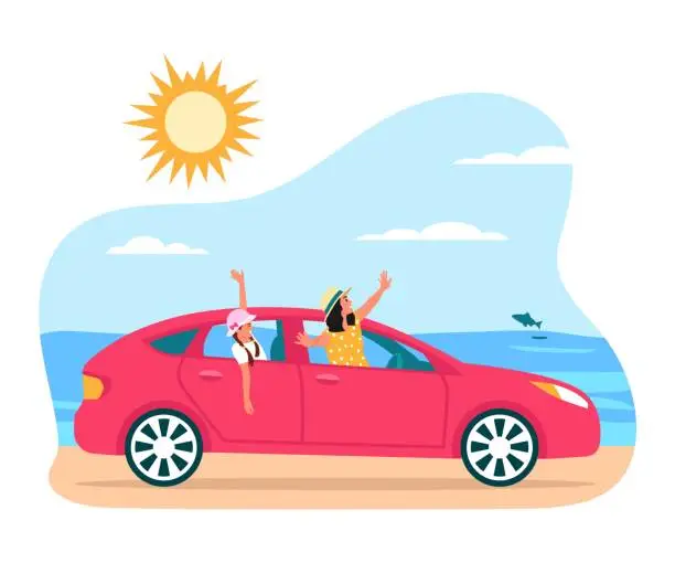 Vector illustration of Vector illustration of a happy family going on summer vacation. Cartoon scene with a woman and girl looking out of a red car, sea with dolphins, sun and sky with clouds isolated on white background.