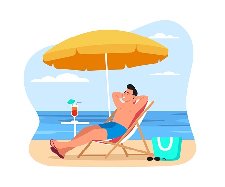 Vector illustration of a handsome guy lying in a sunbed under a beach umbrella. Cartoon scene with a smiling guy under a beach umbrella by the sea, sky with clouds, sand, cocktail, bag, sunglasses.