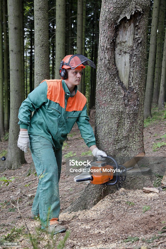 Trabajadores forestales con sierra de cadena - Foto de stock de Accesorio de cabeza libre de derechos