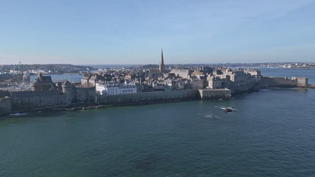 Intra Muros, Saint-Malo cityscape. Brittany in France. Aerial forward and sky for copy space