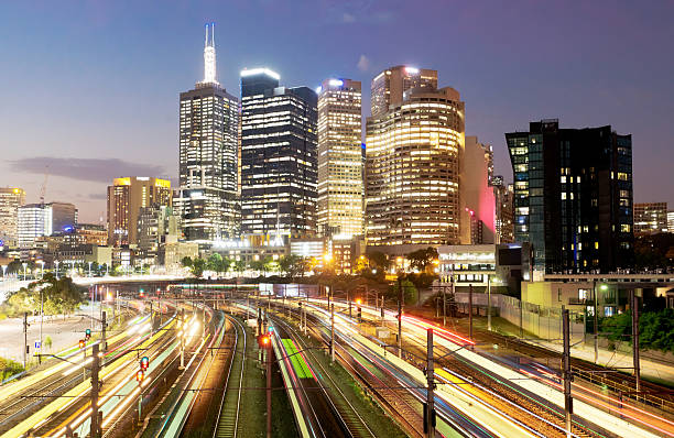 istock Railway and city at night 170094233