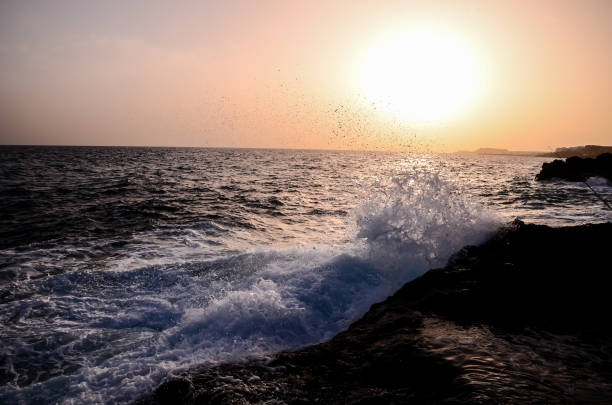 Strong Waves Crashing on the Volcanic Coast in Tenerife Canary Islands