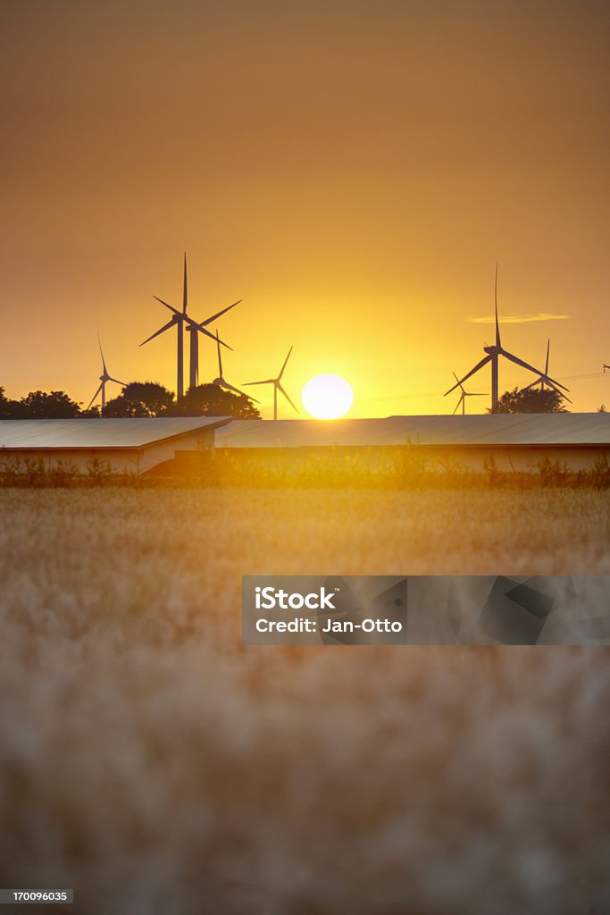 Windmühlen und Solarzellen und Sonnenuntergang - Lizenzfrei Sonnenkollektor Stock-Foto