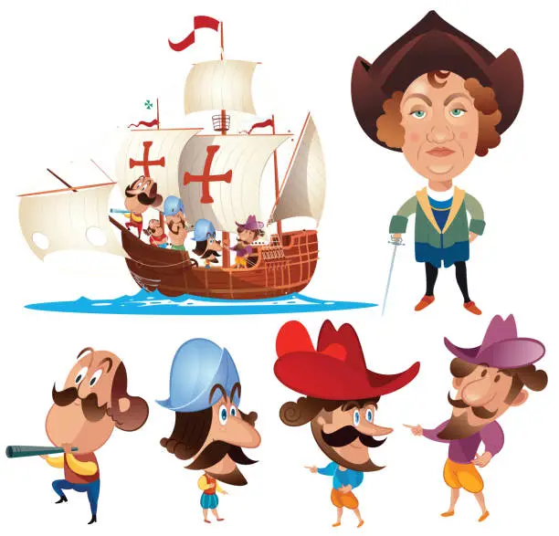 Vector illustration of Magellan and his crew